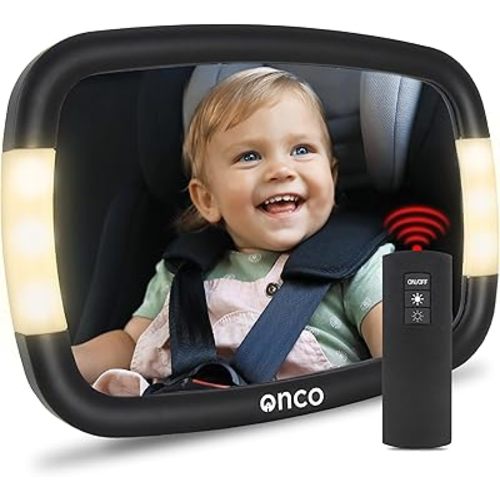 Onco LED Baby Car Mirror with Light - 2 Modes for Day & Night Driving, 100% Shatterproof Baby Mirror for Car, 360° Car Mirror for Baby, Universal Car Seat Mirror for Baby Rear Facing, NEW & IMPROVED