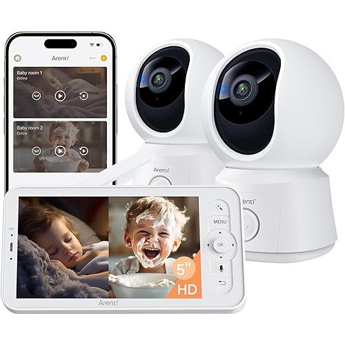 ARENTI Baby Monitor 2 Cameras, Smart Baby Camera with 5-Inch Wireless Display, Super Night Vision, Temperature Sensor, Sound Detection, Auto Motion Tracking, 2-Way Audio, VOX Mode(B2 Set)