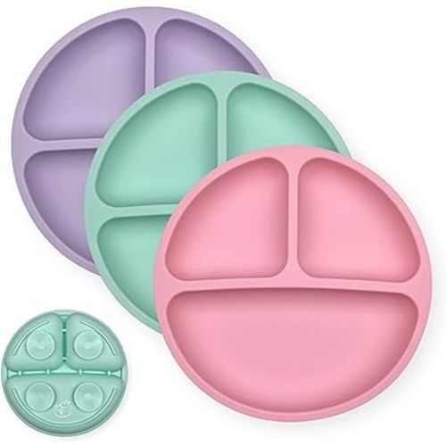 Hippypotamus Toddler Plates with Suction - 100% Food-Grade Silicone Baby Plates - Microwave & Dishwasher Safe - BPA Free - Set of 3 (Pink/Mint/Lavender)