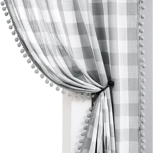 Treatmentex Grey-White Buffalo Check Pompom Curtains for Living Room 45 inch Length Gingham Plaid Semi Sheer Window Drapes for Small Windows Country Rustic Farmhouse Décor 2pcs