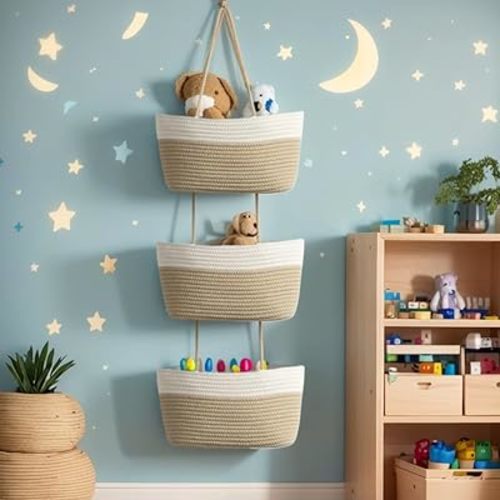 Hanging Baskets for Organizing,3-Tier Woven Cotton Wall-Mounted Storage Organizer Bag Decorative,Kitchen,Living Room,Bedroom,Nursery