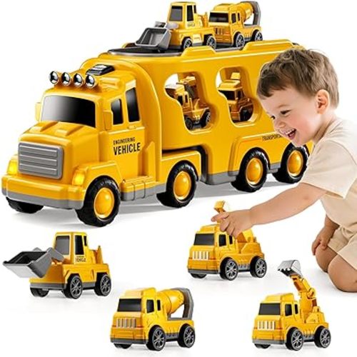 Construction Trucks Toys for 2 3 4 5 Years Old Boys - 5-in-1 Carrier Transport Vehicle Truck for Toddlers 2-4 Years with Crane, Mixer, Pushdozer and Excavator, Car Toys Birthdays Gift