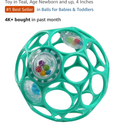Bright Starts Oball Easy-Grasp Rattle BPA-Free Infant Toy in Teal, Age Newborn and up, 4 Inches