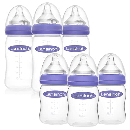 Lansinoh Anti-Colic Baby Bottles for Feeding Babies, 3 Count Each of 5 Ounces and 8 Ounces, 6 Bottles Total, includes 3 Medium Flow Nipples (Size M) and 3 Slow Flow Nipples (Size S)