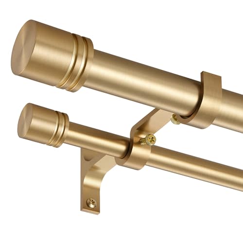 Double Curtain Rods 36-72 Inches for Windows, 1 Inch Diameter Adjustable Heavy Duty Drapery Rod with Aluminum Alloy Brackets and Finials, Modern Stylish Dual Curtains Rod, Brushed Gold