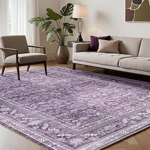 OPPODREAM Vintage Purple Area Rugs 6x9, 6 x 9 Retro Washable Rug Non Slip, Low-Pile Faux Wool Carpet, Distressed Floor Mat for Living Room, Bedroom, Kitchen, Office, Dorm, Dinning Room