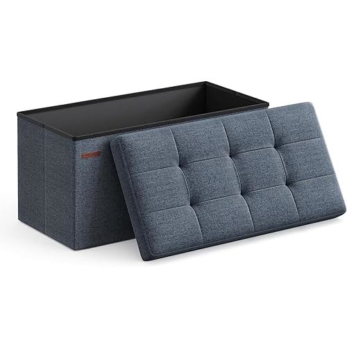 SONGMICS 15 x 30 x 15 Inches Folding Storage Ottoman Bench, Storage Chest, Foot Rest Stool, Light Denim Blue ULSF047Q01