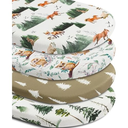 4 Pack Woodland Neutral Bassinet Sheets Set Unisex Forest Animals Fitted Baby Toddlers Bassinet Sheets for Baby Boys or Girls (Fox)