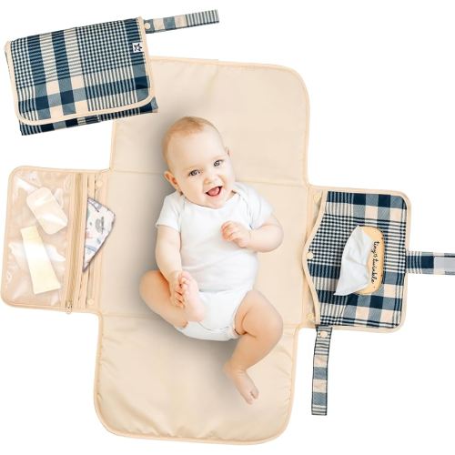 Tiny Twinkle Portable Diaper Changing Pad | Waterproof, Wipeable & Compact Baby Changing Pad for Travel | Smart Wipes Pocket & Organized Storage| Newborn Shower Gift (Gingham)