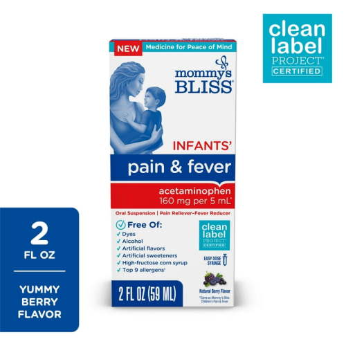 Mommy’s Bliss® Infant Pain + Fever Relief Liquid, Acetaminophen, Berry Flavor, over-the-Counter, 2 fl oz HSA/FSA Eligible