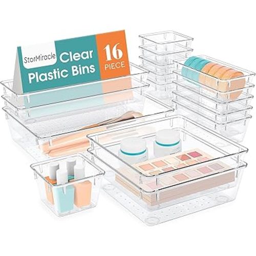 16 PCS Drawer Organizer Set, 5 Varied Size Bathroom and kitchen Drawer cabinet organizer Trays, Clear Storage Bins for Makeup, Jewelry, Utensils and Gadgets