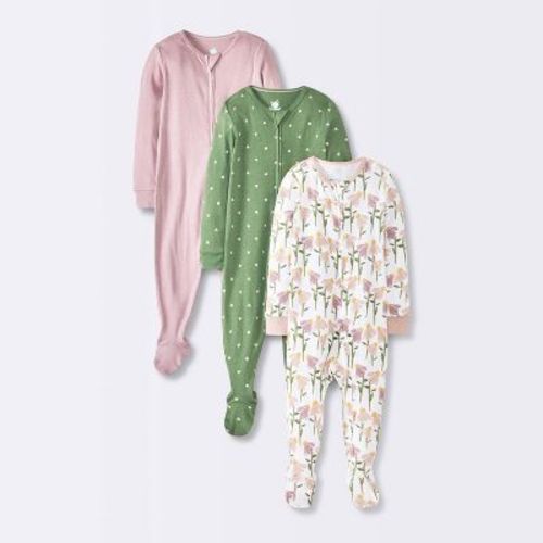 Baby 3pk Floral Cotton Sleep N' Play - Cloud Island™ Pink 0-3M: Footed Pajamas, Mitten Cuff, Long Sleeve