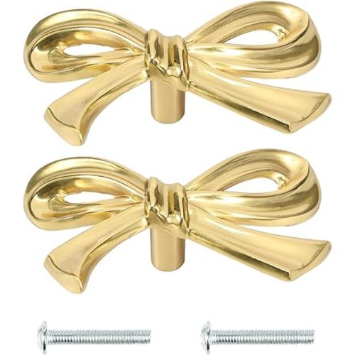 10Pcs Bow Cabinet Knobs Brass Gold Bow Drawer Knobs Bow Shaped Drawer Pulls Bow Cupboard Knobs Gold Bow Knobs Set for Home Kitchen Cabinet Drawer Dresser Bookcase (Style 1, 10Pcs)