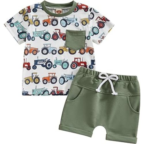 Toddler Baby Boy Summer Outfit Tractor Print Short Sleeve T-Shirt Casual Shorts Set 2Pcs Infant Farm Clothes
