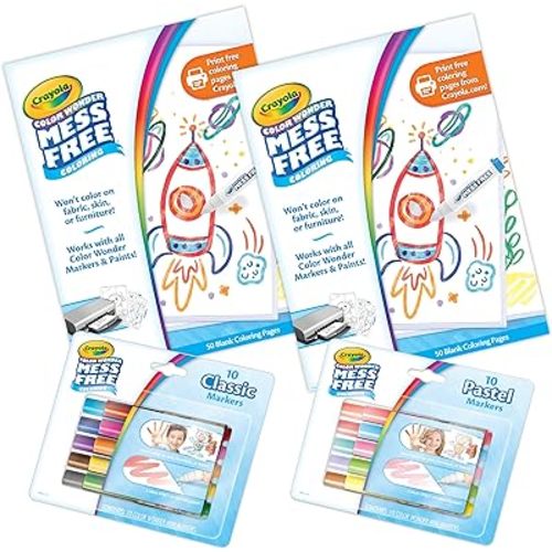 Crayola Color Wonder Mess Free Coloring Kit (120ct), 100 Coloring Pages, 20 Mini Markers, Travel Activity, Toddler Gift, 3+
