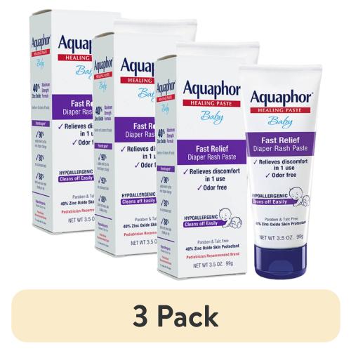 (3 pack) Aquaphor Baby Diaper Rash Paste, Maximum Strength 40% Zinc Oxide, Diaper Rash Cream, Diaper Rash Ointment, 3.5 oz