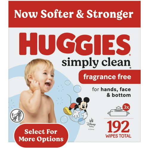 Huggies Simply Clean Unscented Baby Wipes for Sensitive Skin, Fragrance Free, 3 Pack, 192 Total Ct