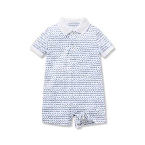 Wave Print Pima Cotton Polo Romper, 6-12M