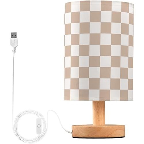 Table Lamp Brown White Checkered Nightstand Lamp with Wood Base LED Bedside Shade Desk Lamp for Bedroom Living Room Dorm Office Decor