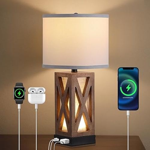 Wood Table Lamp, Vintage Nightstand Lamp with USB Charging Ports A/C, Farmhouse Bedside Lamps for Living Room