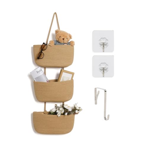 ANTIS'S HOME Over The Door Organizer Hanging Basket, 3-Tier Woven Cotton Wall-Mounted Nursery Storage Organizer Bag Boho Decorative Hanging Nursery Baskets for Living Room Bedroom - Honey