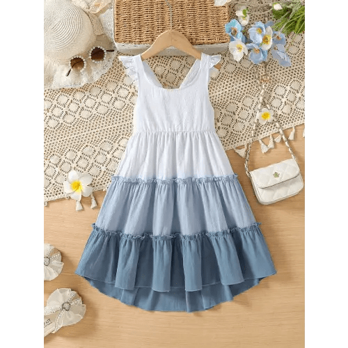 100% Cotton, Casual Color Matching Ruffle Trim Sleeveless Dress For Girls Summer Holiday Party Gift