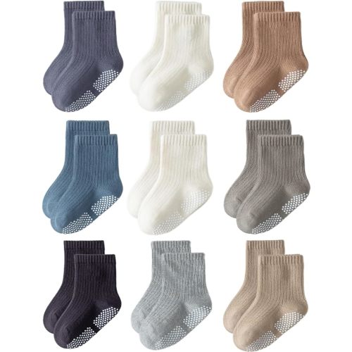 Toddler Grip Socks Non Slip Crew Socks Cute Seamless Cotton Socks for Baby Boys Girls Infants Kids 9 Pairs