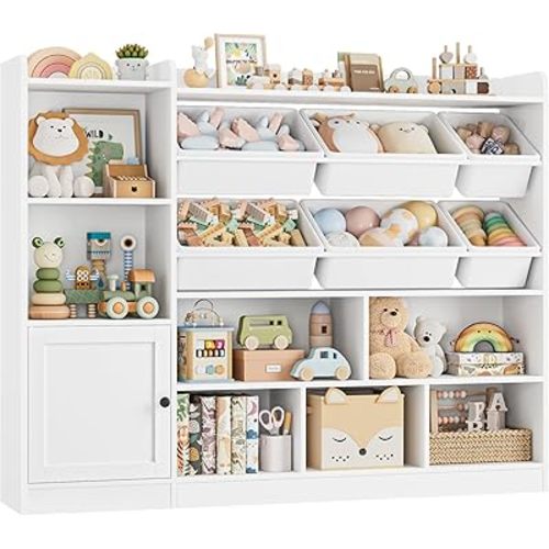 Toy Storage Organizer, 55” Wide Toy Organizers and Storage with 8 Storage Cubbies & 6 Toy Bins, Large Toy Box with Bookshelf, Playroom Storage for Playroom, White
