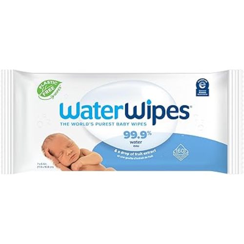 WaterWipes Plastic-Free Original 99.9% Water Based Wipes, Unscented & Hypoallergenic for Sensitive Skin, 60 Count (1 pack)