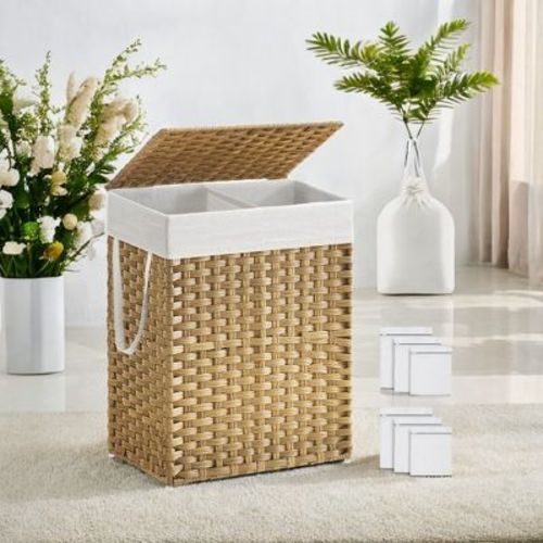 90L Laundry Hamper with Lid Laundry Clothes Hamper with 2 Removable Liner Bags Wicker Double Laundry Basket for Bathroom Natural