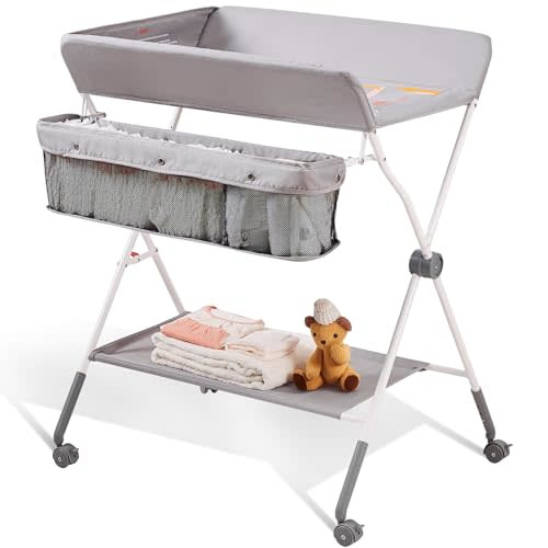 VEVOR Baby Changing Table, Folding Diaper Changing Station with Lockable Wheels, Portable Changing Table 3-Level Adjustable Heights, with Storage Basket & Hanging Racks for Newborns & Infant