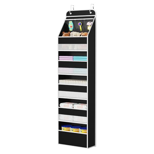 Univivi Fabric Over Door Hanging Organizer for Baby Nursery, Black, 6-Shelf | Door Storage with Large Capacity Breathable Mesh Pockets, Back of Door Organizer for Baby Essential, Bedroom, and Dorm