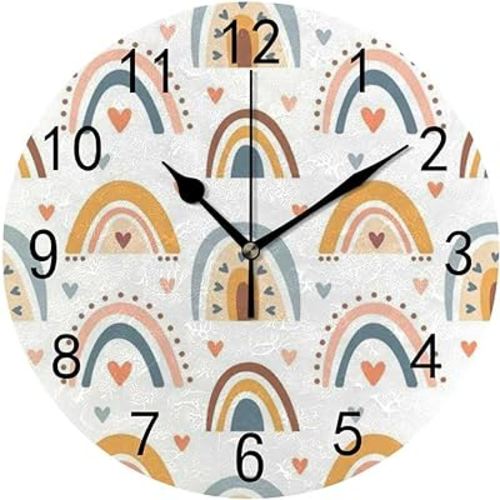 Hapuxt Wall Clock PVC 9.8 Inch Cute Boho Rainbows Pastel Color Non Ticking Silent Round Battery Operated Home Decorative Kitchen Office Living Room Bedroom