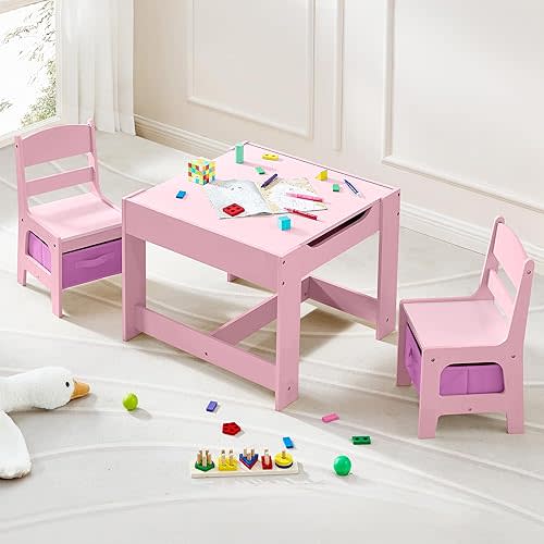 Kids Table and Chair Set, 3 in 1 Wooden Activity Table with Detachable Tabletop, Toddler Table and Chair Set with Storage Drawer, Kids Play Table for Children Art, Craft, Eating, Learning