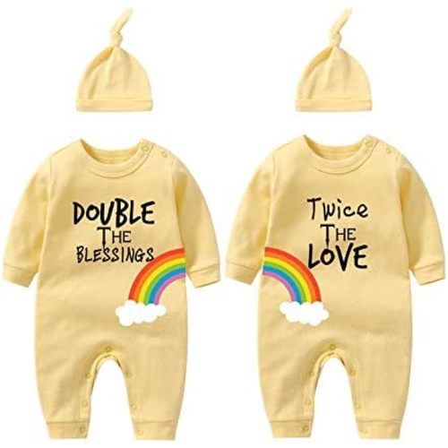 YSCULBUTOL Baby Twins Bodysuit Double Rainbow All The Way Baby Birthday Clothing Infant Romper Hat Set