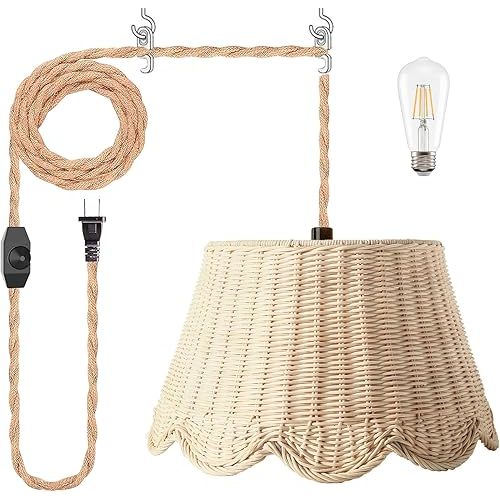 Plug in Scalloped Pendant Light, Rattan Hanging Lights with Plug in Cord 15FT Hemp Rope Cord, Dimmable Switch – Indoor Hanging Lamps for Boho Living Room Bedroom(Bulb Included) (Natural)