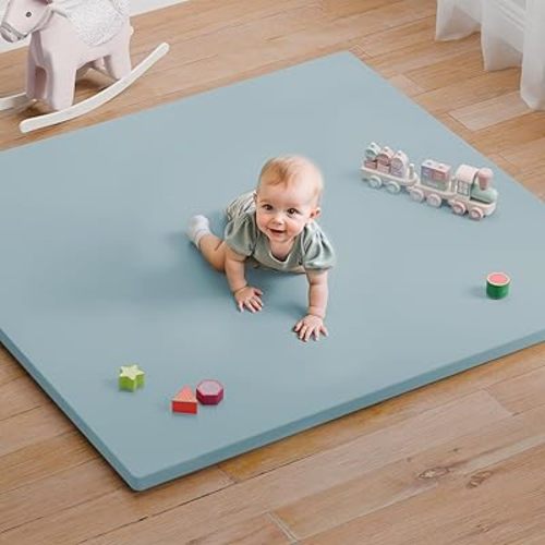 Baby Play Mat for Floor, 50x50 Vegan Leather Playpen Mat, Thickened Foam Cushioned Mat for Infants and Toddlers, Waterproof, Non-Slip & Stylish Playmat for Babies, Easy to Clean, Blue