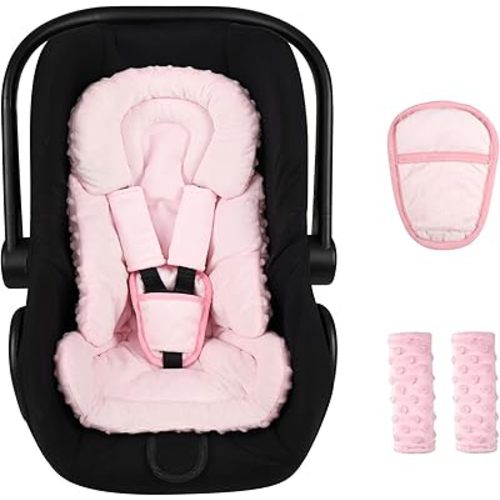 Infant Car Seat Insert Boy Girl, 3 in 1 Newborn Carseat Insert with Strap Pads,Car Seat Head Support for Baby Strollers, Swings, and Bouncers,Comfortable and Machine Washable, Pink