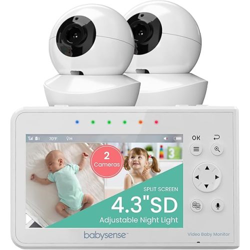 Babysense Baby Monitor with 2 Cameras and Audio 4.3", Non Wifi Baby Monitor, Dual Split Screen, Portable Double Sleep Video Monitoring, Auto Night Vision & Light, Lullabies & White Noise Two-Way Audio