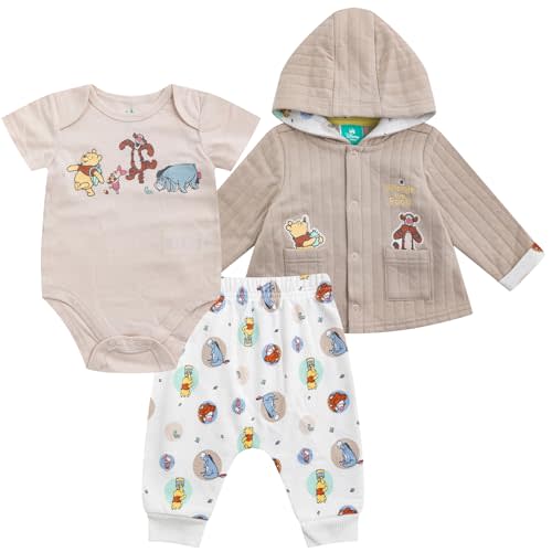 Disney Winnie the Pooh Baby Boys Pants Set with Bodysuit and Hooded Snap Quilted Jacket 3 Pack Set for Infant