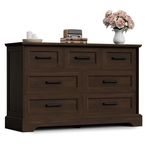 Furmax Farmhouse Dresser for Bedroom, 7 Drawers Dresser, Brown | Wood Chest of Drawers, 47.2" Storage Organizer, Two Sizes Drawers, Anti-tip, TV Stand for Living Room