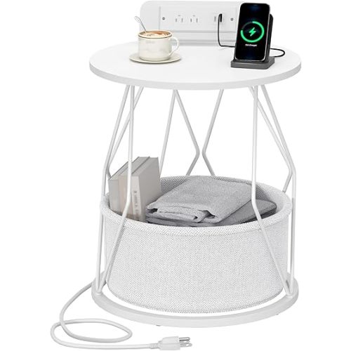 Side Table with Charging Station, Round End Table with Storage Basket, Small Nightstand, Bedside Table, for Living Room, Bedroom, White ET55003X