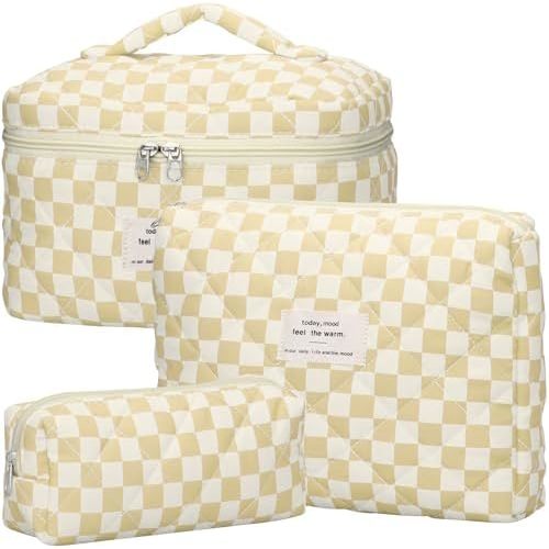 Quilted Makeup Bag Set - 3 PCS Cute Floral Cotton Makeup Bag, Large Coquette Aesthetic Make up Cosmetic Bag, Flower Travel Toiletry Organizer Bags for Women Girls (Checkered Brown)