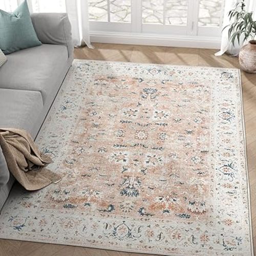 jinchan Area Rug 5x7 Living Room Rug - Washable Vintage Boho Floral Print Floor Cover Lightweight Low Pile Thin Non-Slip Retro Distressed Carpet for Bedroom Dining Room Kitchen Office Pink Blush