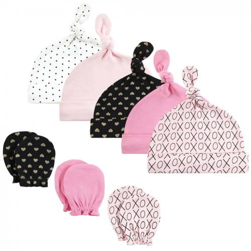 Hudson Baby Infant Girl Cotton Cap and Scratch Mitten Set, Xoxo, 0-6 Months