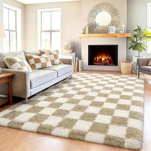 KICMOR 6x9 Rugs for Living Room Beige and Cream White, Large Big Fluffy Shag Fuzzy Checkered Area Rug Shaggy Carpets for Bedroom, Soft Plush Rug for Kids Boys Girls Dorm Nursery Playroom Home Decor