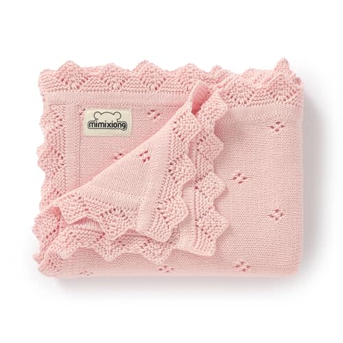mimixiong Cotton Baby Blanket Knitted Crochet Receiving Crib Nursery Swaddling Blankets for Newborn Baby Boy Girl Pastel Pink 30x40 Inch (Pack of 1)…