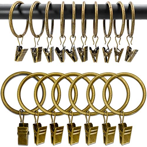AMZSEVEN 100 Pack Metal Curtain Rings with Clips, Drapery Clips Hooks, Decorative Curtain Rod Clips 1.5 in Interior Diameter, Antique Bronze