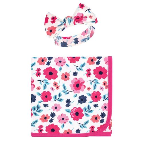 Touched by Nature Baby Girl Organic Cotton Swaddle Blanket and Headband or Cap, Garden Floral, One Size