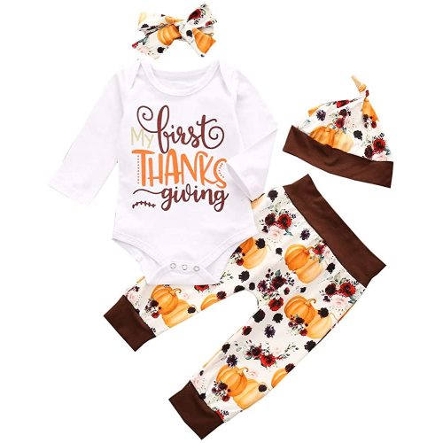 Newborn Baby Girl Boy Thanksgiving Clothes Daddy's Mommy's Little Turkey Romper+Pumpkin Pants + Headband & Hat Outfits Set